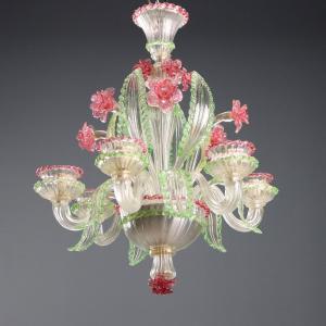 Lustre Ancien Verre Soufflé Murano 6 Lumières Italie XXe Siècle