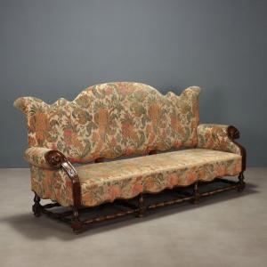 Canapé Baroque Ancien Noyer Tissu Italie du XVIIIe Siècle