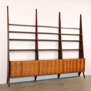 Vintage Wall Bookcase Exotic Woods Veneer Design Italy 1960s