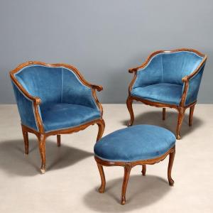 Fauteuils Anciens avec Pouf Noyer Style Baroque Italie XIXe Siècle