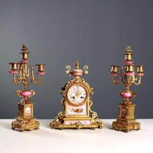 Antique Tryptich Clock Gilded Bronze Porcelain France XIX Century