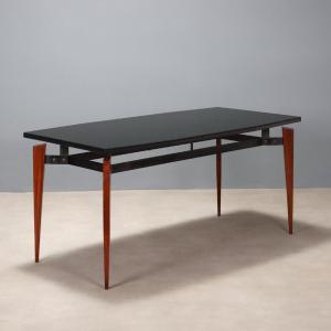 Table Vintage Acajou Métal Verre Design Italie Années 1960