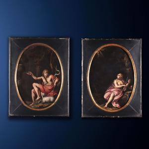 Paire de Tableaux Anciens sur Ardoise Sujét Sacré '600