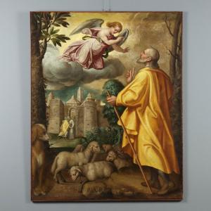 Tableau Ancien Saint Joachim et l'Ange Huile sur Toile XVIe Siècle
