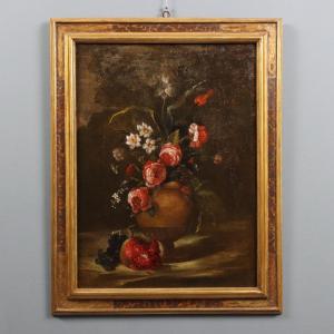 Antique Painting Still Life And Flowers Oil On Canvas XVIII Century