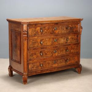 Commode Baroque Ancienne Noyer Bruyère 4 Tiroirs Lombardie  XVIIIe Siècle