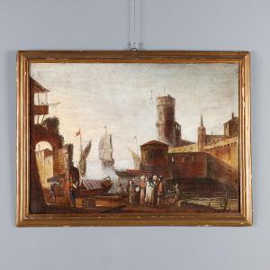 Antique Painting Mediterranean Port Scene Oil On Canvas XVIII Century