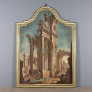 Tableau Ancien Vue Architecturale Détrempe sur Toile XVIIIe Siècle
