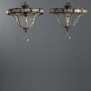 Lustres Anciens Métal Verre 8 Lumières Italie XXe Siècle