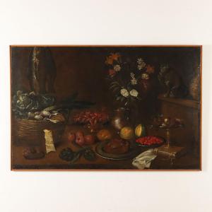 Tableau Ancien Nature Morte avec Fruits Légumes et Chat Huile sur Toile XVIIe Siècle