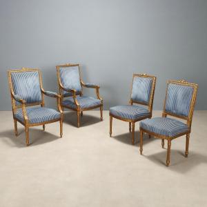 Pair Of Gilded Neoclassical Armchairs And Chairs, Italy, Late 19th Century