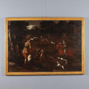 Antique Painting Hunting Scene Oil On Canvas Italy XVIII Century
