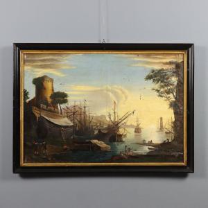 Antique Painting View From The Harbour Oil On Canvas XVIII Century