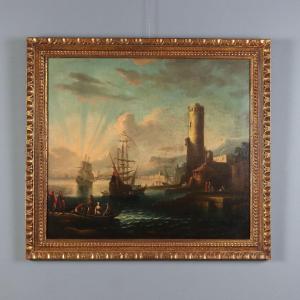 Tableau Ancien Scène du Port Huile sur Toile France XVIIIe Sièle
