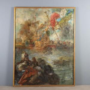 Antique Painting Naval Battle Oil On Canvas XIX Century