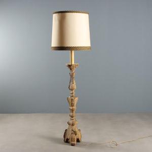 Bougeoir Ancien Bois Gravé Doré Italie XVIIIe Siècle