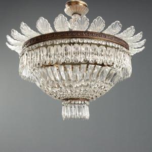 Lustre Ancien Style Empire Verre Métal 5 Lampes XXe Siècle