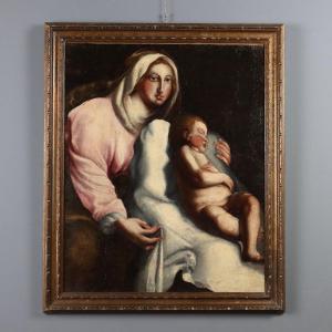 Antique Painting Virgin Mary With Child Oil On Canvas 17th Century