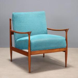 Fauteuil Vintage Teak Tissu Rembourrage Design Années 1960