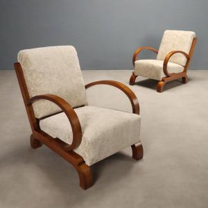 Vintage Déco Armchairs Curved Wood Velvet Design 1920s-1930