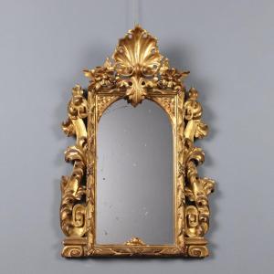 Baroque Mirror In Carved And Gilded Wood, Italy, Early 19th Century
