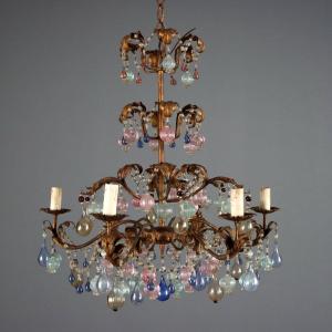 Gilded Iron Chandelier With Polychrome Glass, Italy, Early 20th Century