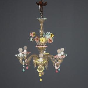 Mid-19th-century Venetian Blown Glass Chandelier With Murano Flowers