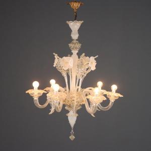 Lustre Vénitien Ancien Verre Soufflé de Murano Italie du XIXe Siècle Original