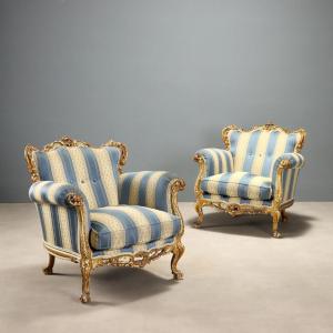 Antique Armchairs Baroque Style Carved Wood XX Century Originals