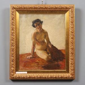 Tableau Ancien Figure Nue Accroupie Lorenzo Delleani 1860 ca. Original