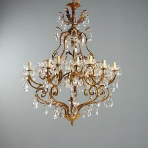 Lustre Ancien Bronze Doré Verre Italie Début du XXe Siècle