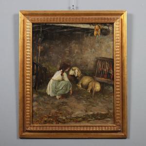 Modern Painting Signed Cesare Laurenti The Little Girl And The Sheep '900