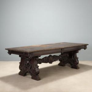 Neo-renaissance Table In Ebonized Walnut, Italy, Late 19th Century