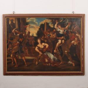Tableau Ancien '600 L'Enlèvement des Sabines Huile sur Toile Cadre