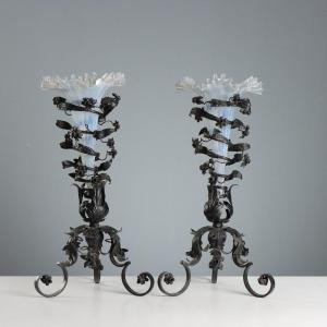 Pair Of Wrought-iron And Glass Vases, Murano, Italy, Early 1900s