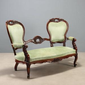 Antique Louis Philippe Sofa Carved Walnut Fabric Italy XIX Century Original