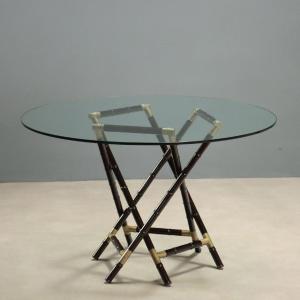 Vintage Table Bamboo Patterned Wood Brass Italy 1950s Original