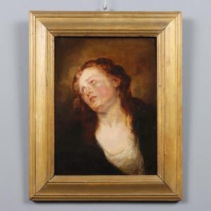 Tableau Ancien Portrait de Marie Magdalene Huile sur Panneau XVIIIe Siècle