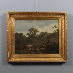 Tableau Ancien Paysage avec Paysans Huile sur Toile XIXe Siècle Original