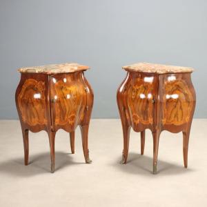Pair Of Lombard Baroque-style Nightstands In Walnut And Mahogany, Italy, Early 20th Century