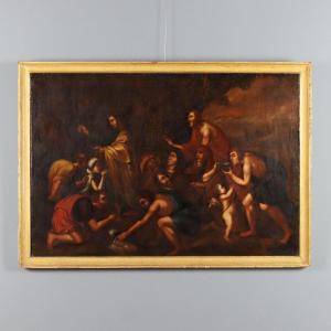 Tableau Ancien Moïse Faisant Jaillir l'Eau du Rocher XVIIe Siècle Original