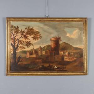 Tableau Ancien Paysage avec Village Huile sur Toile XVIIIe Siècle Original