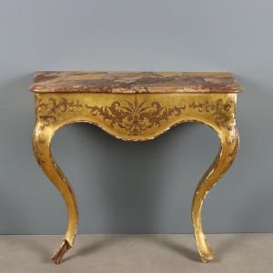 Gilded Wood Console Table With Marble Top, Italy, Mid-19th Century