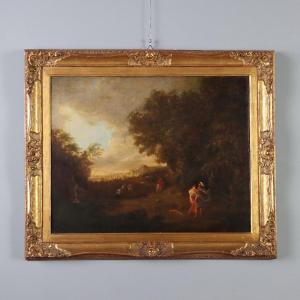 Tableau Ancien Paysage avec Figures Huile sur Toile France XVIIIe Siècle