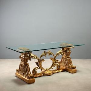 Table avec Base en Bois Sculpté et Doré - Italie XXe Siècle