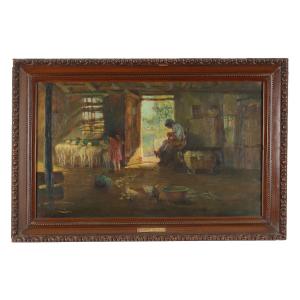 Tableau Ancien G. Solenghi Interieur avec Figures et Animaux 1917 Original