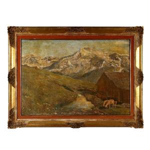Tableau Modèrne de G. Federici Paysage de Montagne Huile sur Toile