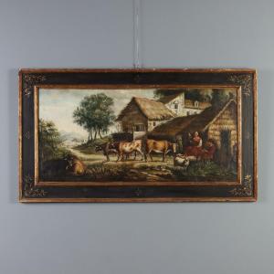 Antique Painting Bucolic Landscape Oil On Canvas Europe XIX Century
