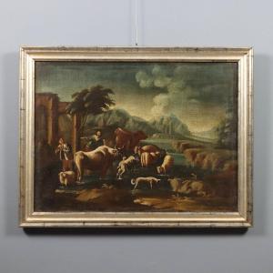 Tableau Ancien Paysage avec Bergers Huile sur Toile XVIIIe Siècle Original