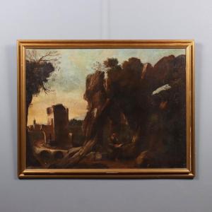 Tableau Ancien Paysage avec Saint Ermite Huile sur Toile '700-'800 Original